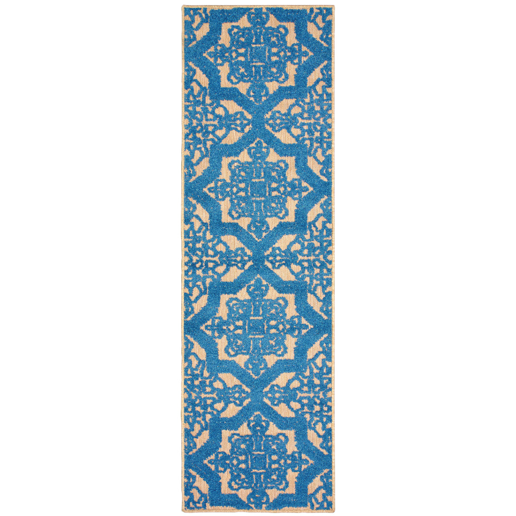 Oriental Weavers Cayman 2541M Sand/Blue Rectangle Indoor / Outdoor Runner - Stain Resistant Machine Made Entryway &amp; Hallway Runner with Medallion Pattern