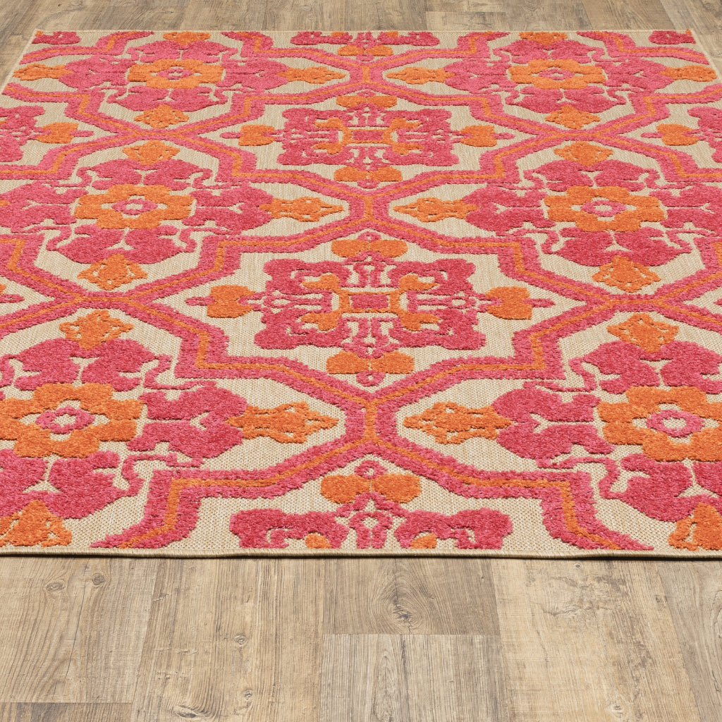 Oriental Weavers Cayman 2541V Sand/Pink Rectangle Indoor / Outdoor Area Rug - Stain Resistant Machine Made Patio Rug with Medallion Pattern