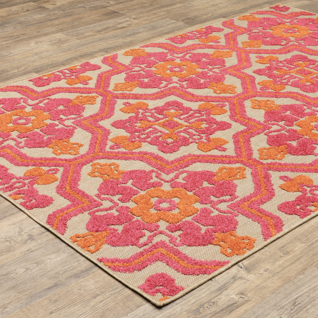 Oriental Weavers Cayman 2541V Sand/Pink Rectangle Indoor / Outdoor Area Rug - Stain Resistant Machine Made Patio Rug with Medallion Pattern