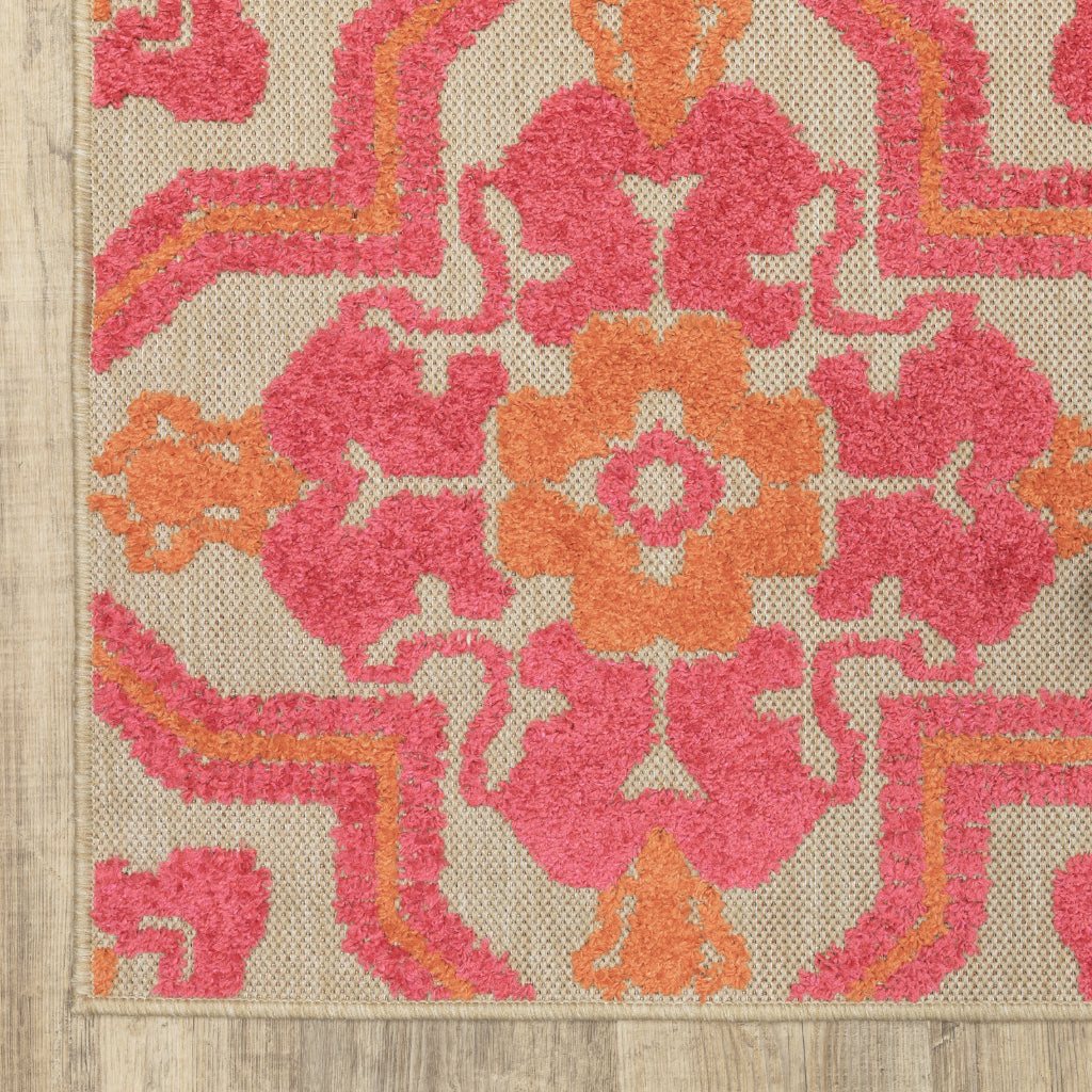 Oriental Weavers Cayman 2541V Sand/Pink Rectangle Indoor / Outdoor Area Rug - Stain Resistant Machine Made Patio Rug with Medallion Pattern