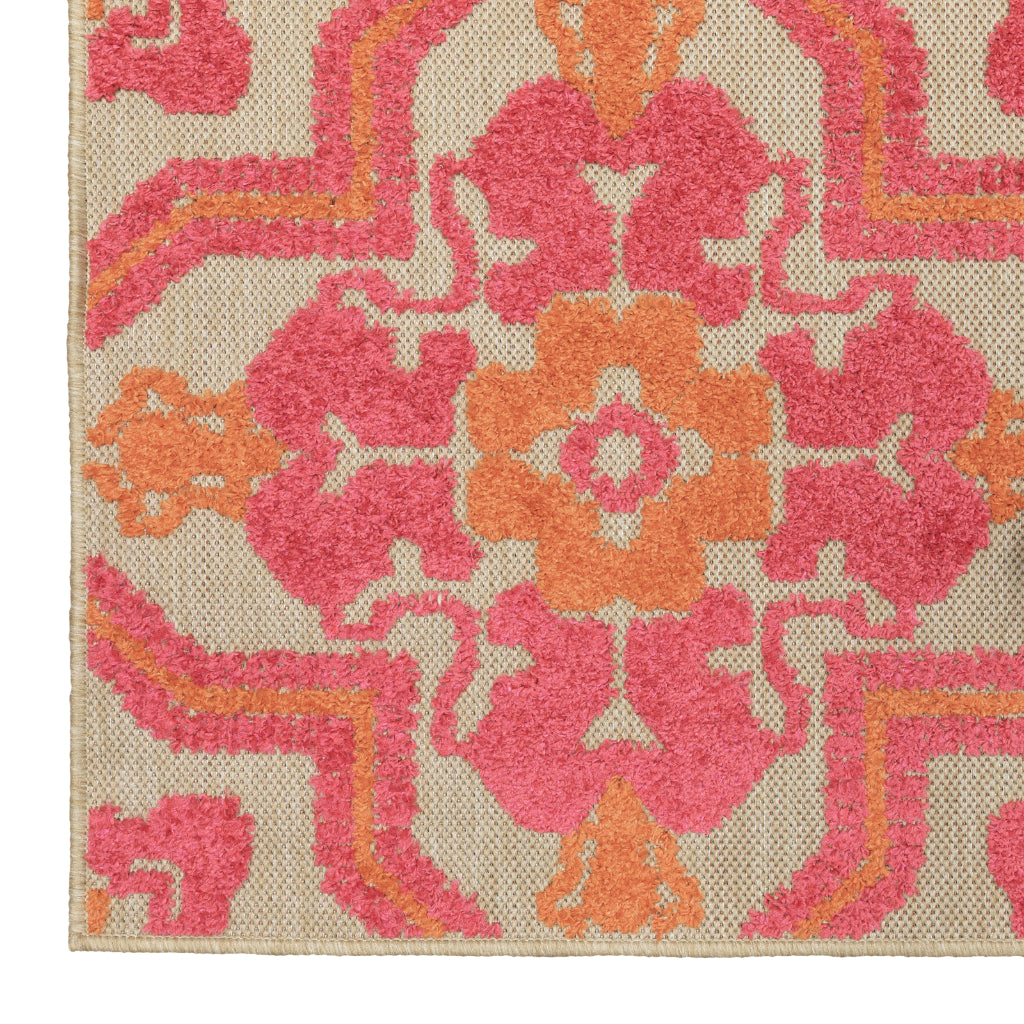 Oriental Weavers Cayman 2541V Sand/Pink Rectangle Indoor / Outdoor Area Rug - Stain Resistant Machine Made Patio Rug with Medallion Pattern