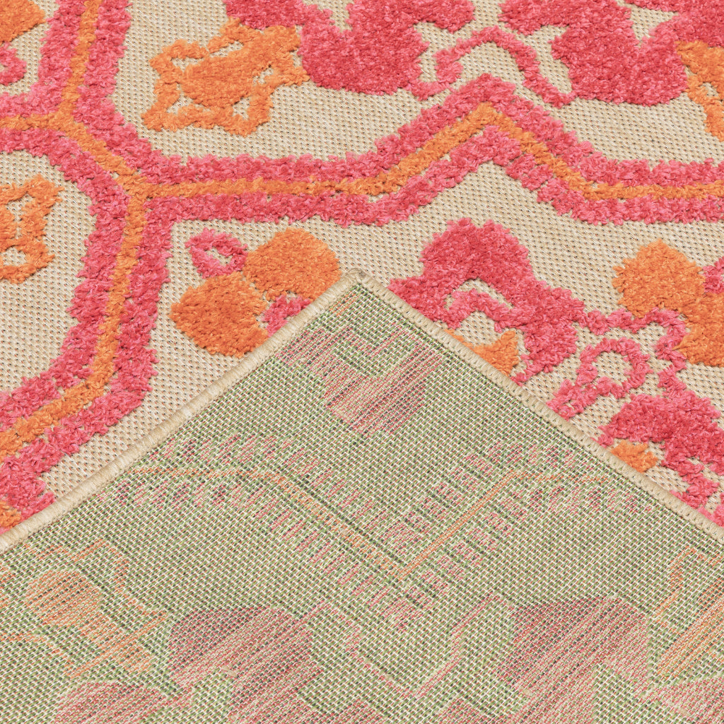 Oriental Weavers Cayman 2541V Sand/Pink Rectangle Indoor / Outdoor Area Rug - Stain Resistant Machine Made Patio Rug with Medallion Pattern