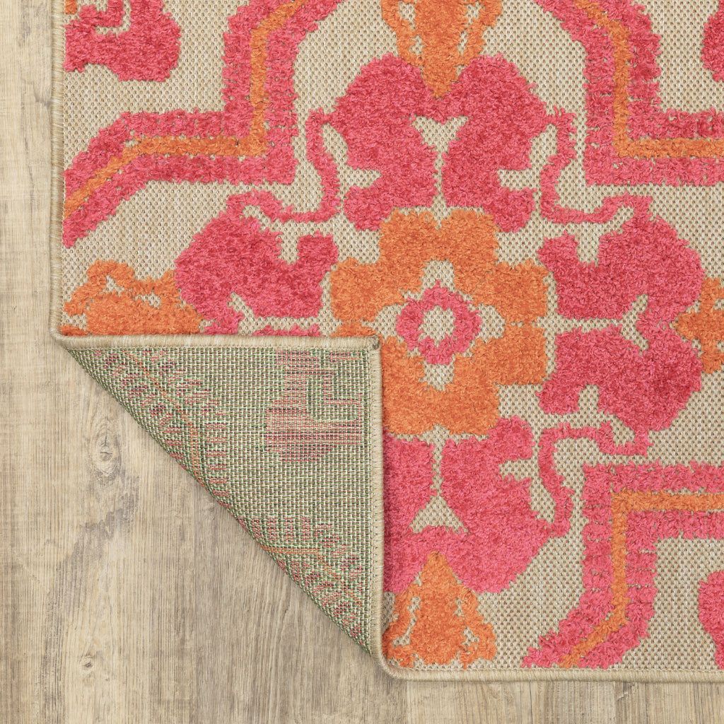 Oriental Weavers Cayman 2541V Sand/Pink Rectangle Indoor / Outdoor Area Rug - Stain Resistant Machine Made Patio Rug with Medallion Pattern