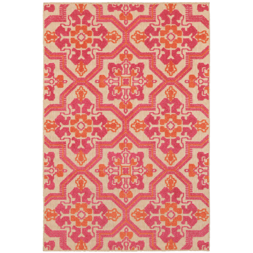 Oriental Weavers Cayman 2541V Sand/Pink Rectangle Indoor / Outdoor Area Rug - Stain Resistant Machine Made Patio Rug with Medallion Pattern