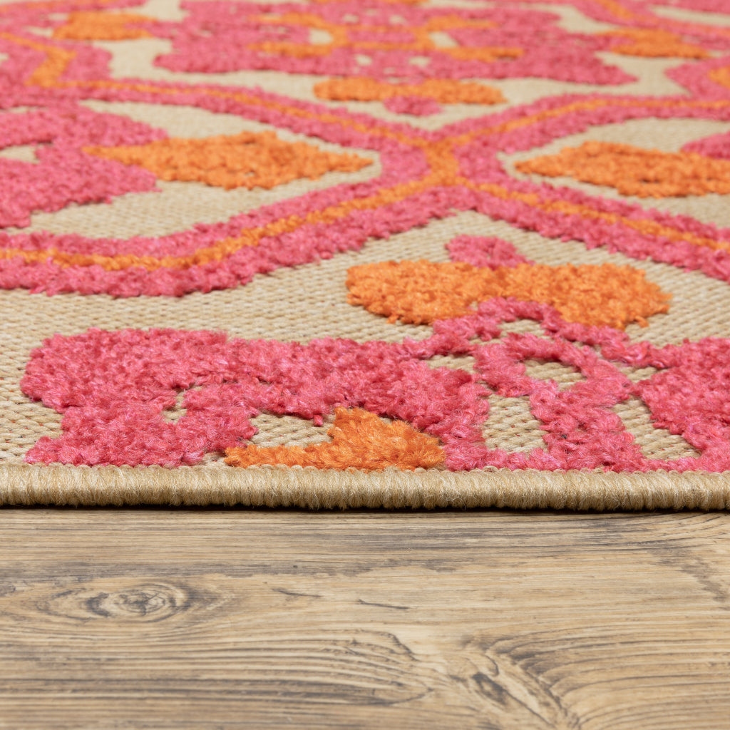 Oriental Weavers Cayman 2541V Sand/Pink Rectangle Indoor / Outdoor Area Rug - Stain Resistant Machine Made Patio Rug with Medallion Pattern