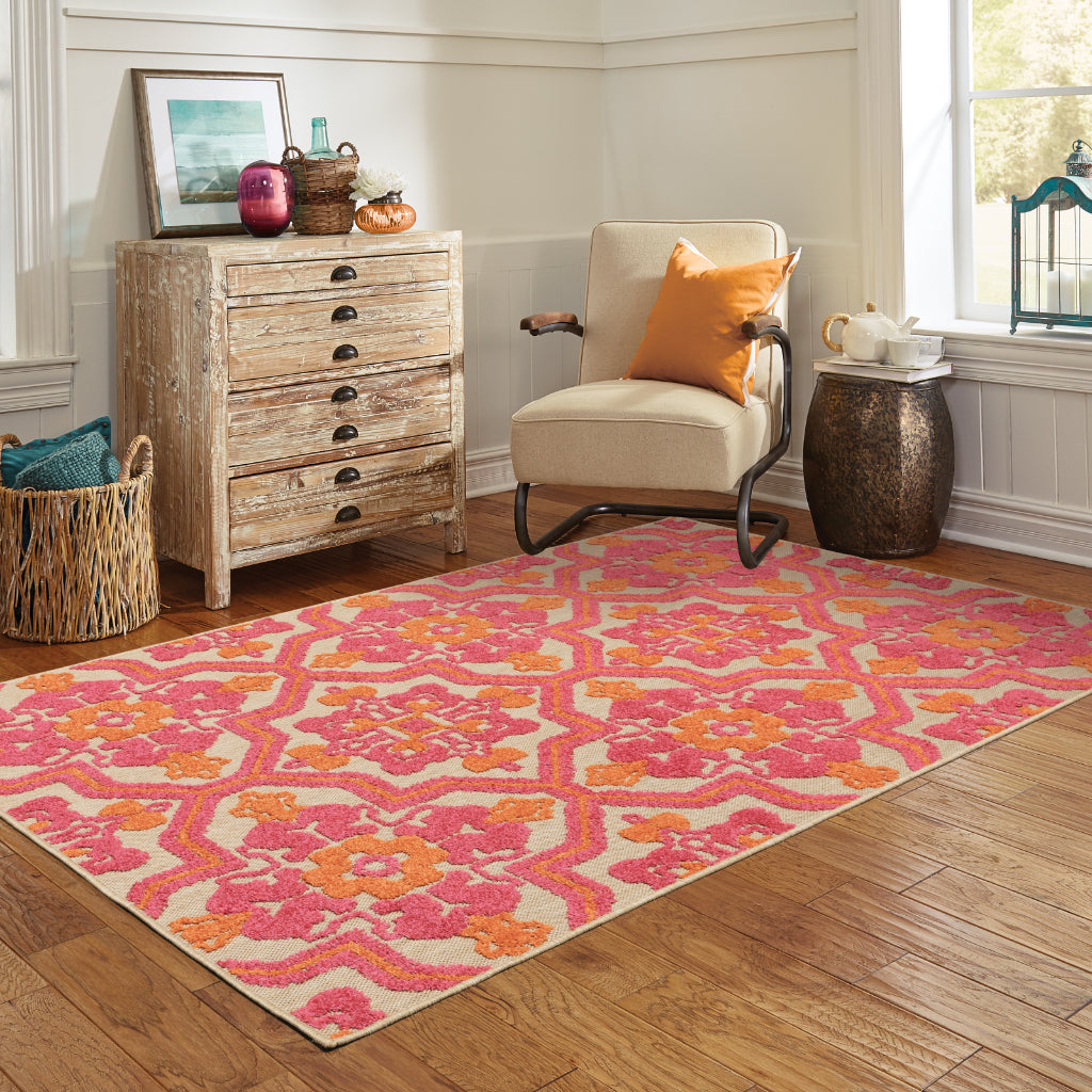 Oriental Weavers Cayman 2541V Sand/Pink Rectangle Indoor / Outdoor Area Rug - Stain Resistant Machine Made Patio Rug with Medallion Pattern