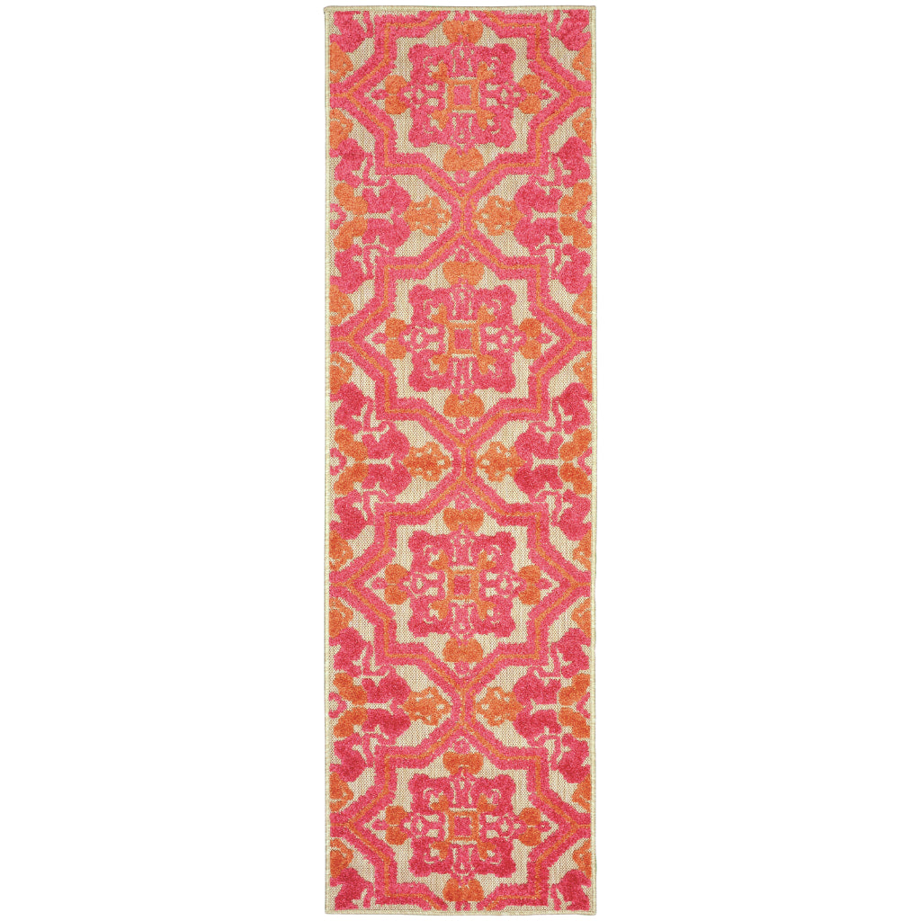 Oriental Weavers Cayman 2541V Sand/Pink Rectangle Indoor / Outdoor Runner - Stain Resistant Machine Made Entryway &amp; Hallway Runner with Medallion Pattern