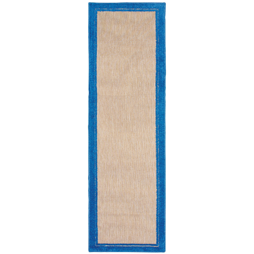 Oriental Weavers Cayman 5594B Sand/Blue Rectangle Indoor / Outdoor Runner - Stain Resistant Machine Made Entryway &amp; Hallway Runner with Border Pattern