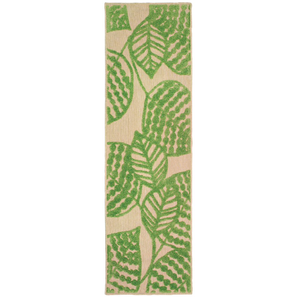 Oriental Weavers Cayman 566F9 Sand/Green Rectangle Indoor / Outdoor Runner - Stain Resistant Machine Made Entryway &amp; Hallway Runner with Botanical Pattern