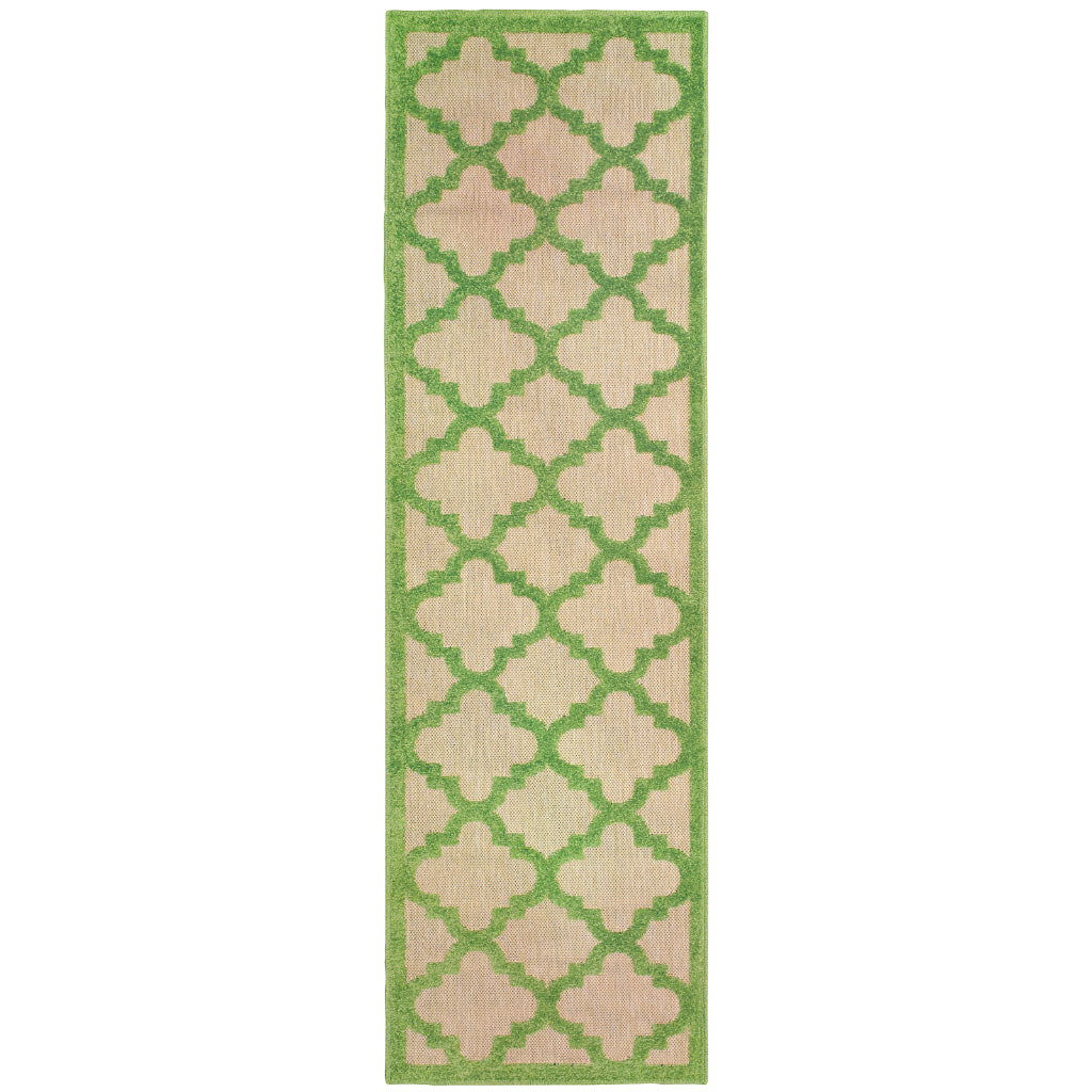 Oriental Weavers Cayman 660F9 Sand/Green Rectangle Indoor / Outdoor Runner - Stain Resistant Machine Made Entryway &amp; Hallway Runner with Trellis Pattern