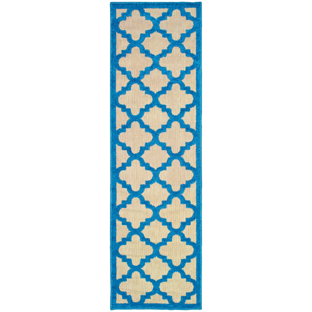 Oriental Weavers Cayman 660L9 Sand/Blue Rectangle Indoor / Outdoor Runner - Stain Resistant Machine Made Entryway &amp; Hallway Runner with Trellis Pattern