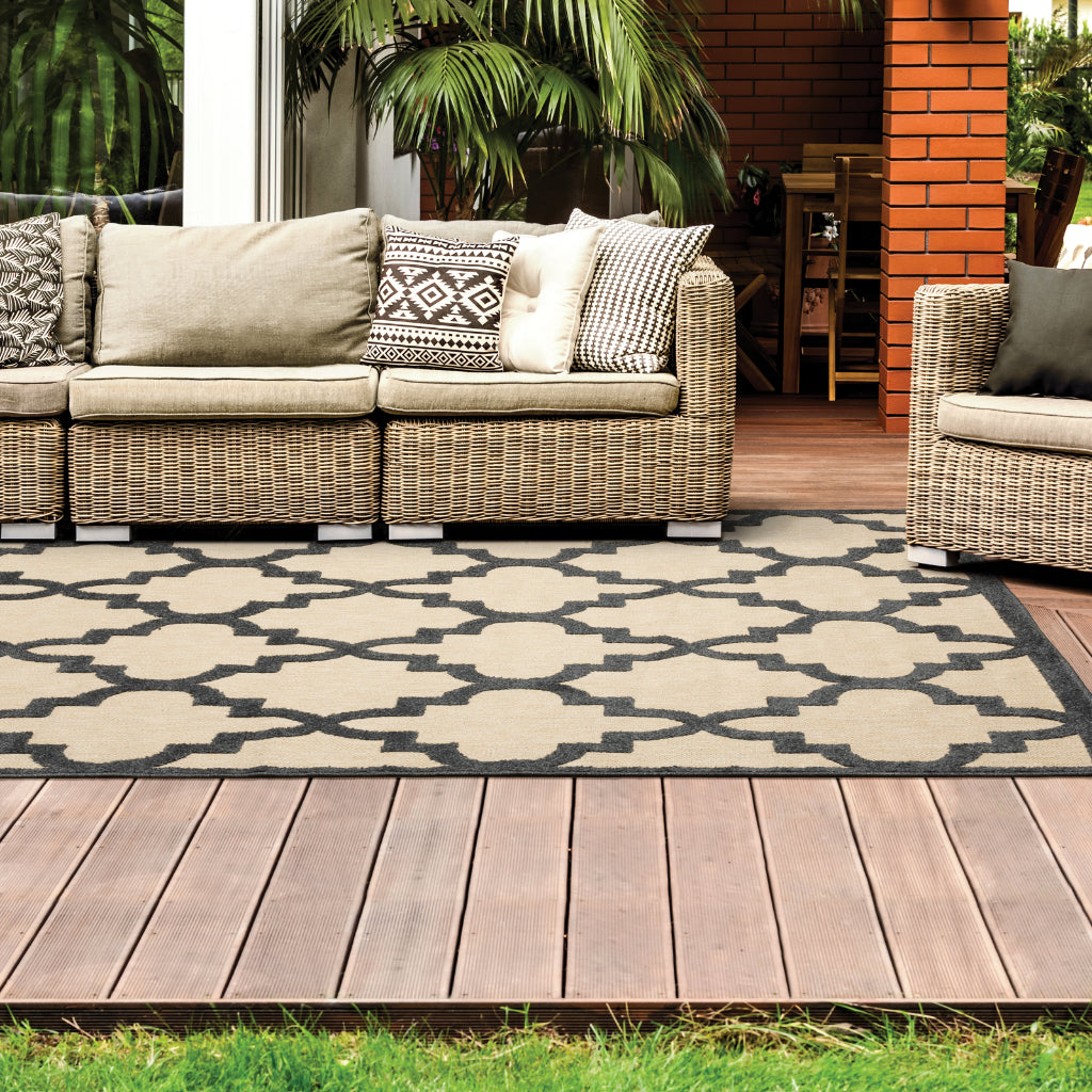 Oriental Weavers Cayman 660N9 Sand/Charcoal Rectangle Indoor / Outdoor Runner - Stain Resistant Machine Made Entryway &amp; Hallway Runner with Trellis Pattern