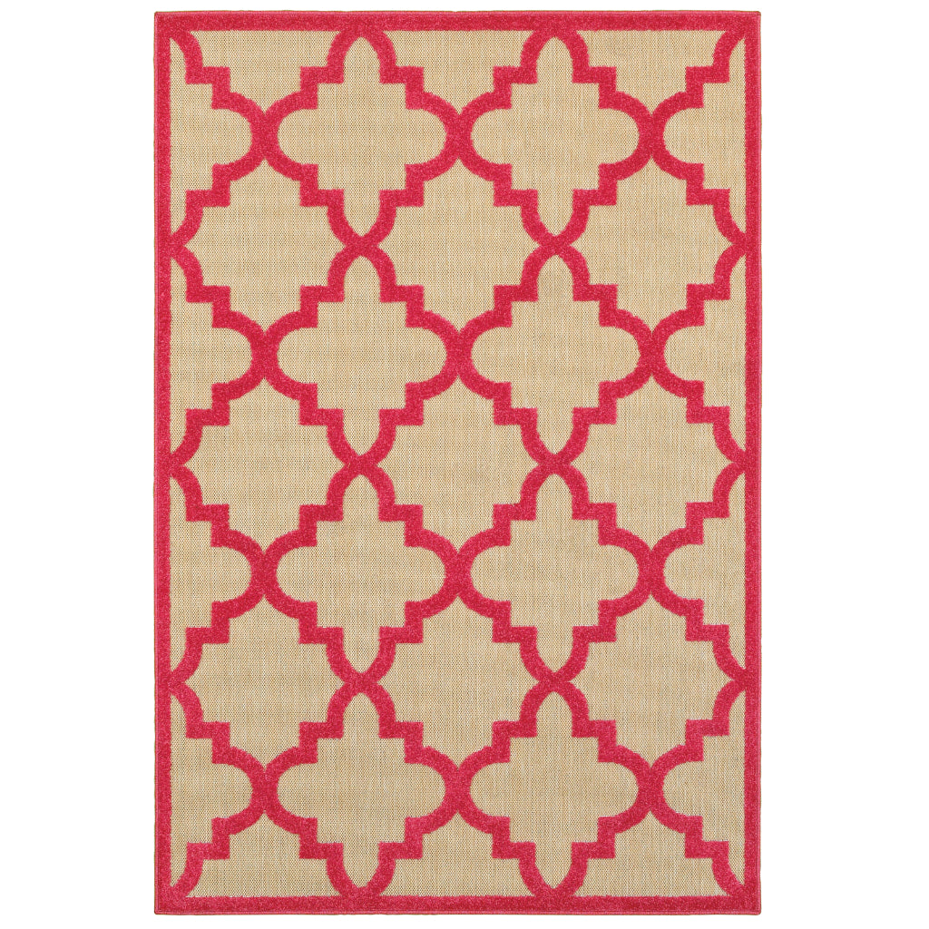 Oriental Weavers Cayman 660P9 Sand/Pink Rectangle Indoor / Outdoor Area Rug - Stain Resistant Machine Made Patio Rug with Trellis Pattern