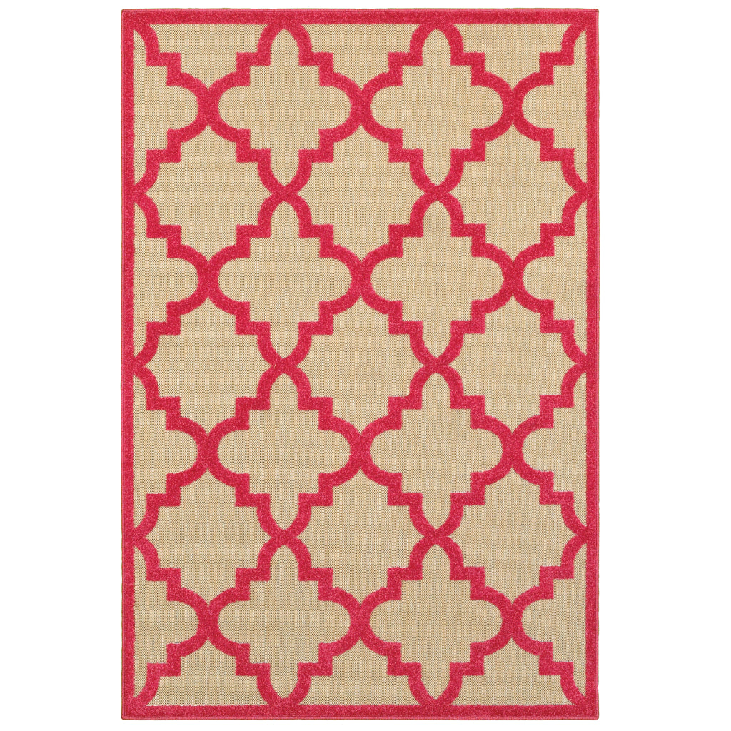 Oriental Weavers Cayman 660P9 Sand/Pink Rectangle Indoor / Outdoor Area Rug - Stain Resistant Machine Made Patio Rug with Trellis Pattern-