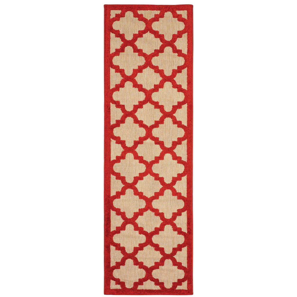 Oriental Weavers Cayman 660R9 Sand/Red Rectangle Indoor / Outdoor Runner - Stain Resistant Machine Made Entryway &amp; Hallway Runner with Trellis Pattern