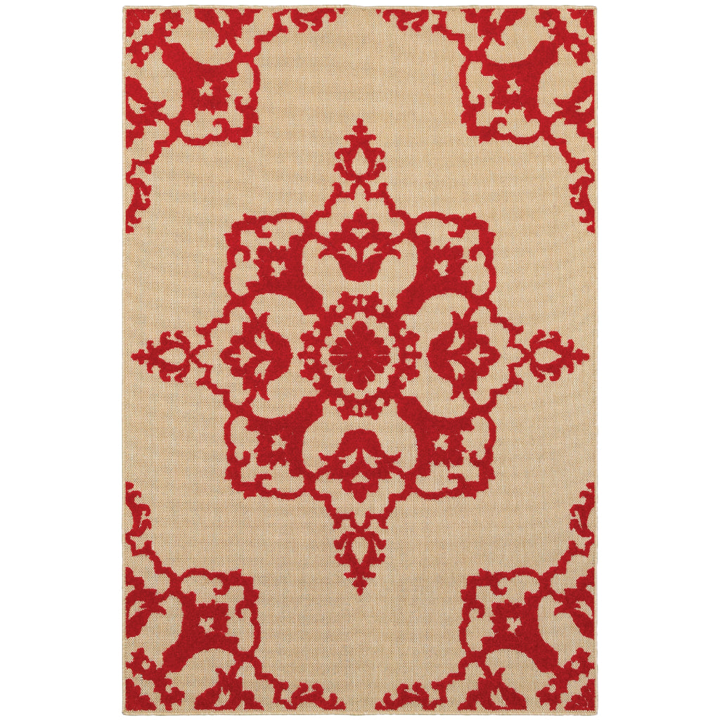 Oriental Weavers Cayman 097R9 Sand/Red Rectangle Indoor / Outdoor Area Rug - Stain Resistant Machine Made Patio Rug with Medallion Pattern