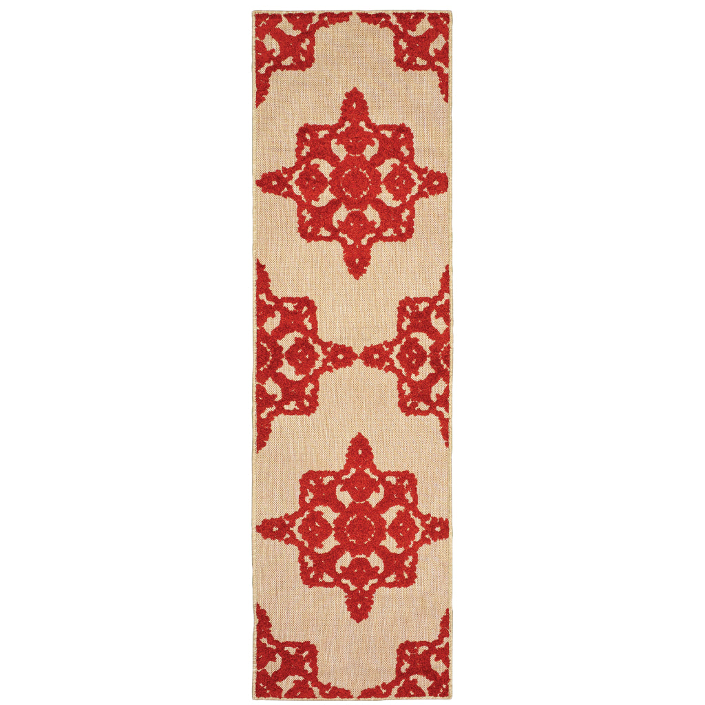 Oriental Weavers Cayman 097R9 Sand/Red Rectangle Indoor / Outdoor Runner - Stain Resistant Machine Made Entryway &amp; Hallway Runner with Medallion Pattern