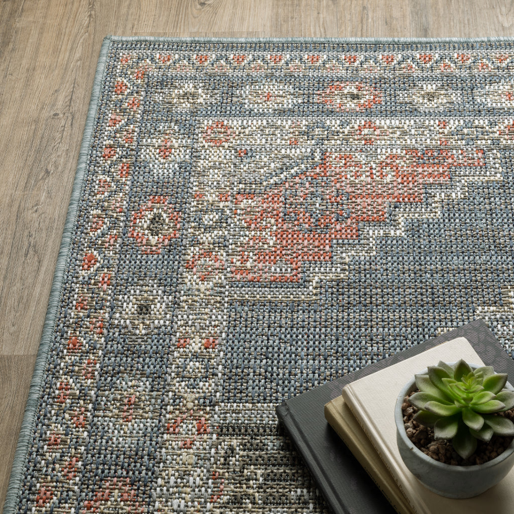 Oriental Weavers Cyprus 020B4 Blue/Salmon Rectangle Indoor / Outdoor Runner - Stain Resistant Machine Made Entryway &amp; Hallway Runner with Medallion Pattern