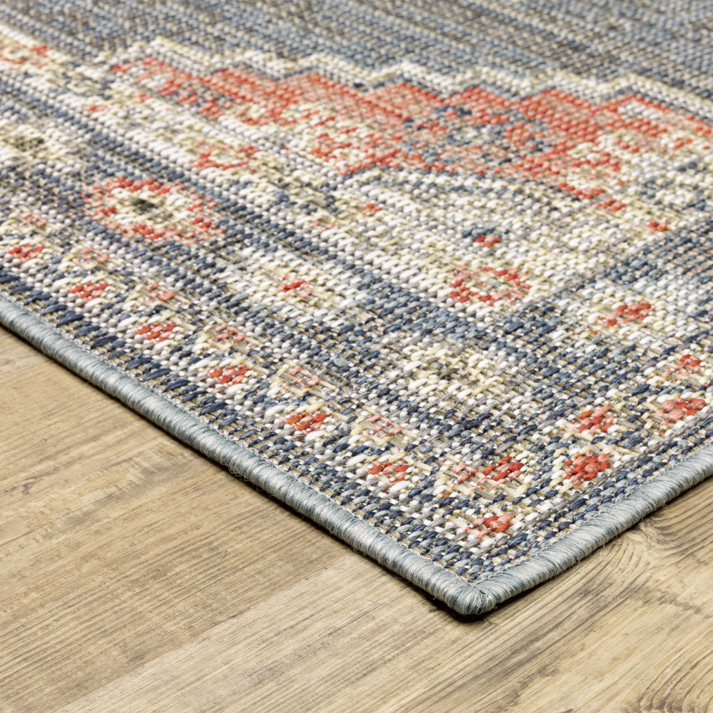 Oriental Weavers Cyprus 020B4 Blue/Salmon Rectangle Indoor / Outdoor Runner - Stain Resistant Machine Made Entryway &amp; Hallway Runner with Medallion Pattern