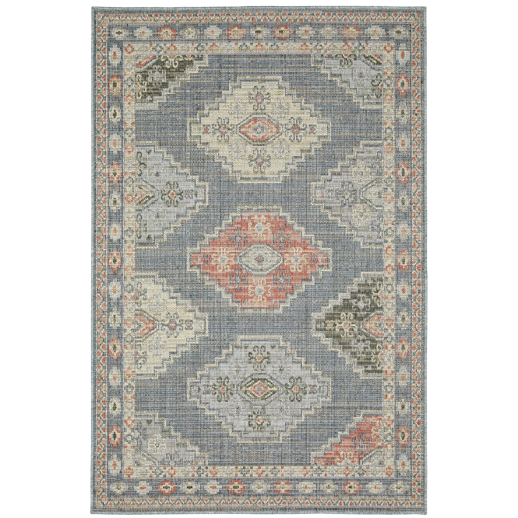 Oriental Weavers Cyprus 020B4 Blue/Salmon Rectangle Indoor / Outdoor Area Rug - Stain Resistant Machine Made Patio Rug with Medallion Pattern