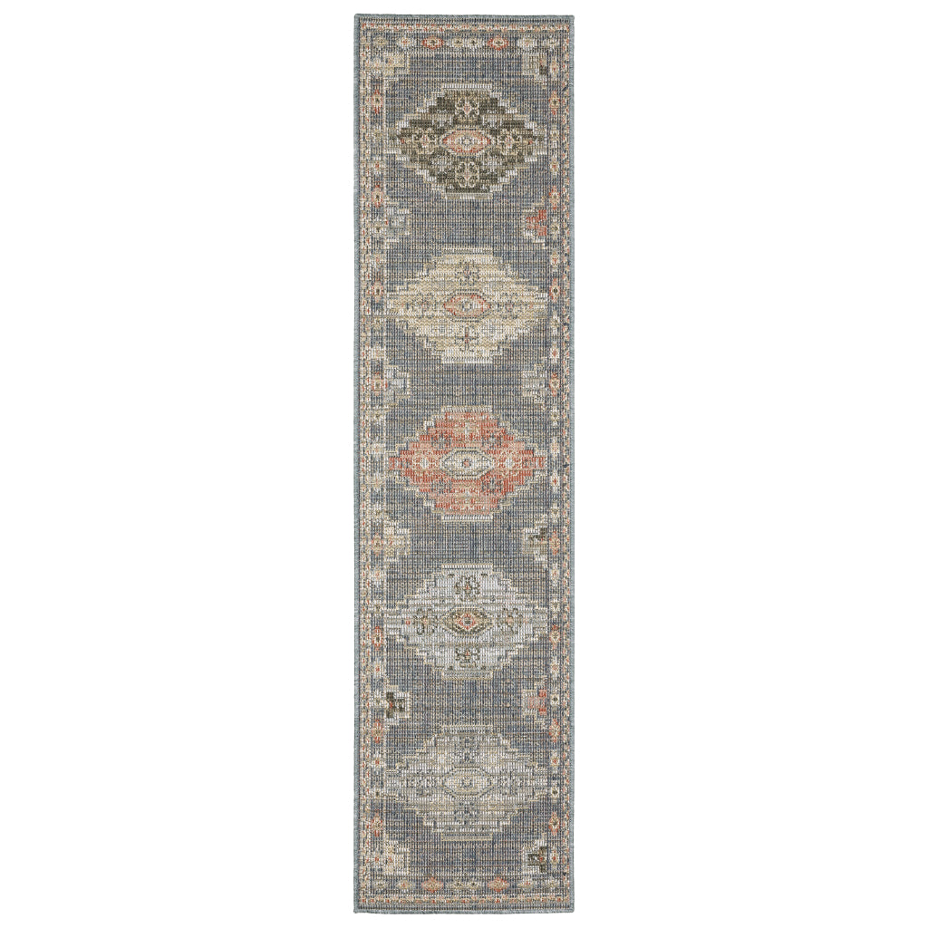 Oriental Weavers Cyprus 020B4 Blue/Salmon Rectangle Indoor / Outdoor Runner - Stain Resistant Machine Made Entryway &amp; Hallway Runner with Medallion Pattern