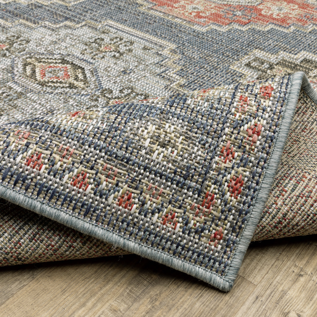 Oriental Weavers Cyprus 020B4 Blue/Salmon Rectangle Indoor / Outdoor Runner - Stain Resistant Machine Made Entryway &amp; Hallway Runner with Medallion Pattern