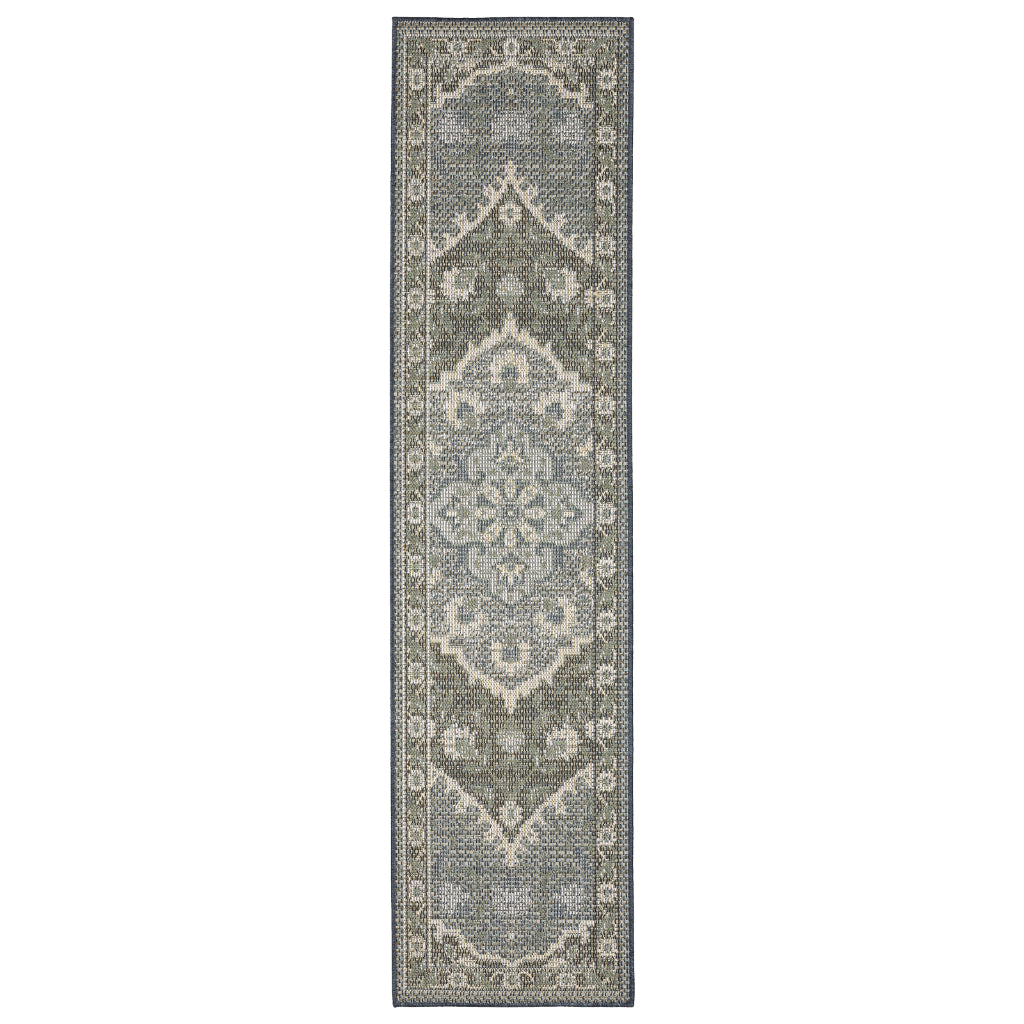 Oriental Weavers Cyprus 228C4 Blue/Sage Rectangle Indoor / Outdoor Runner - Stain Resistant Machine Made Entryway &amp; Hallway Runner with Medallion Pattern