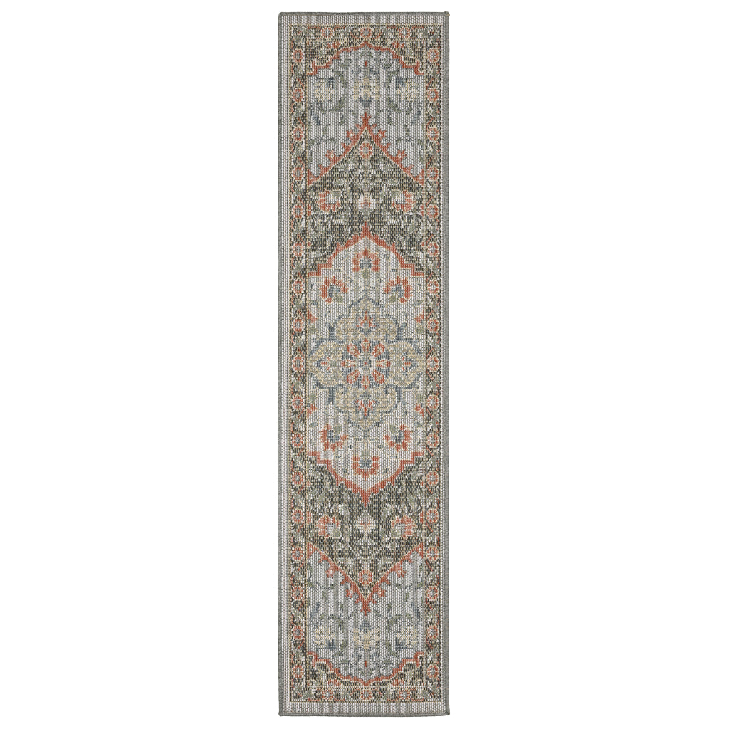 Oriental Weavers Cyprus 228D4 Blue/Salmon Rectangle Indoor / Outdoor Runner - Stain Resistant Machine Made Entryway &amp; Hallway Runner with Medallion Pattern