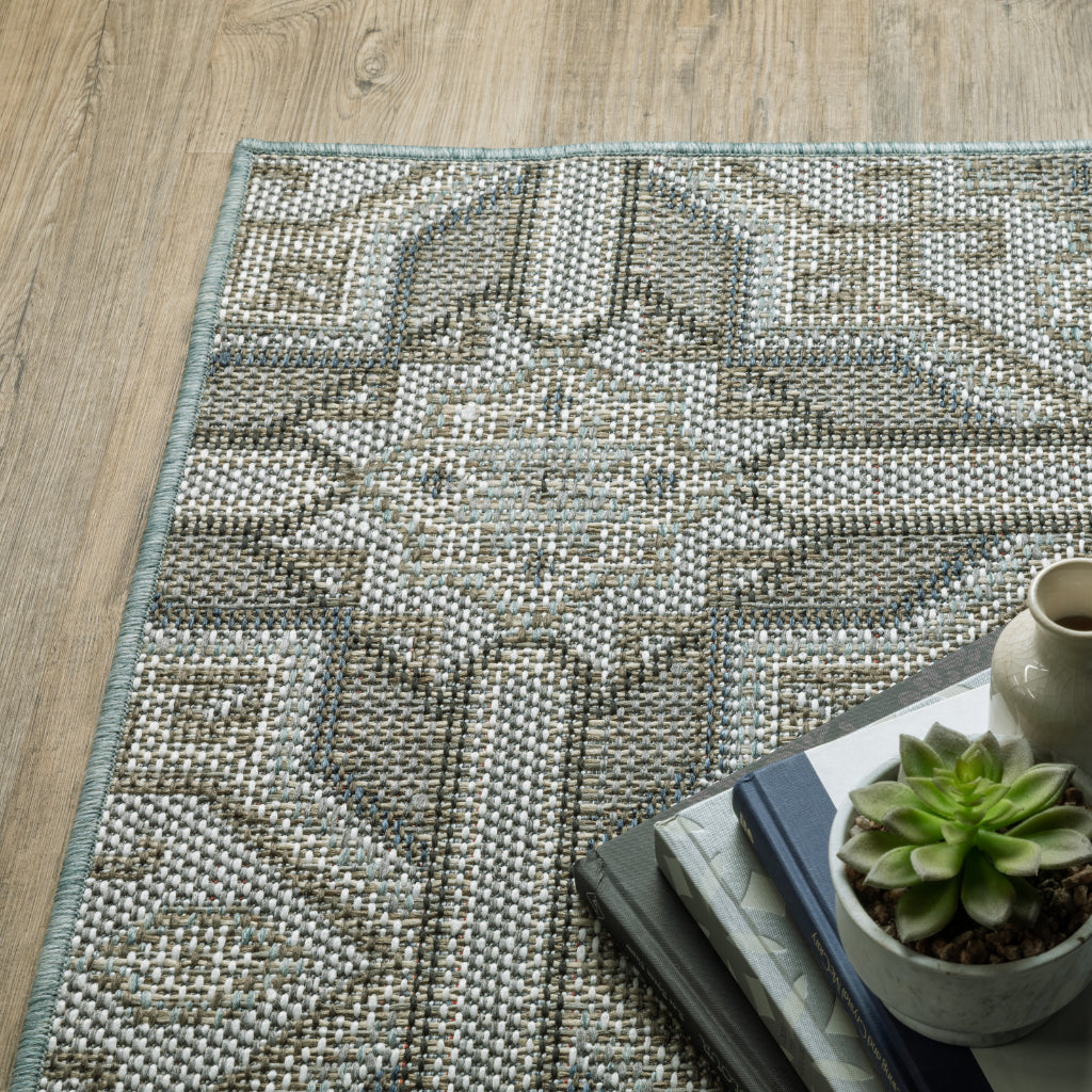 Oriental Weavers Cyprus 448L4 Grey/Blue Rectangle Indoor / Outdoor Runner - Stain Resistant Machine Made Entryway &amp; Hallway Runner with Geometric Pattern