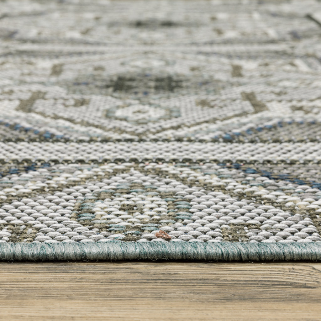 Oriental Weavers Cyprus 448L4 Grey/Blue Rectangle Indoor / Outdoor Runner - Stain Resistant Machine Made Entryway &amp; Hallway Runner with Geometric Pattern