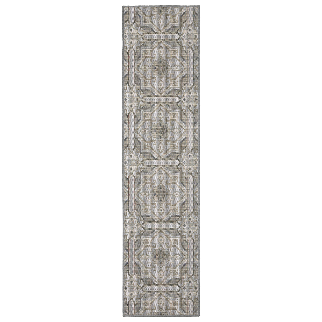 Oriental Weavers Cyprus 448L4 Grey/Blue Rectangle Indoor / Outdoor Runner - Stain Resistant Machine Made Entryway &amp; Hallway Runner with Geometric Pattern