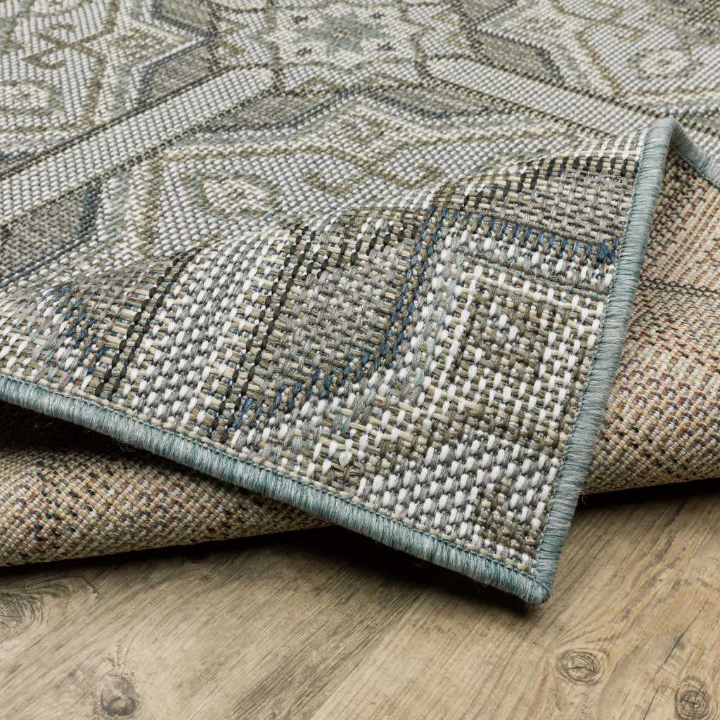 Oriental Weavers Cyprus 448L4 Grey/Blue Rectangle Indoor / Outdoor Runner - Stain Resistant Machine Made Entryway &amp; Hallway Runner with Geometric Pattern