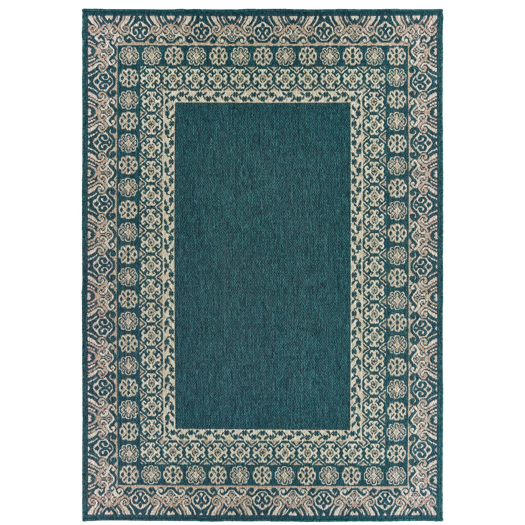 Oriental Weavers Latitude 1503B Teal/Grey Rectangle Indoor / Outdoor Area Rug - Stain Resistant Machine Made Patio Rug with Border Pattern