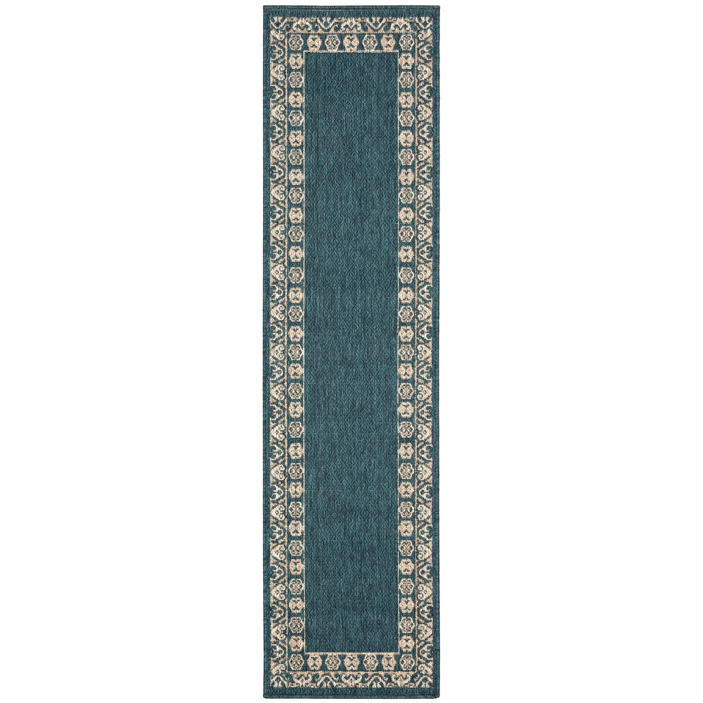 Oriental Weavers Latitude 1503B Teal/Grey Rectangle Indoor / Outdoor Runner - Stain Resistant Machine Made Entryway &amp; Hallway Runner with Border Pattern