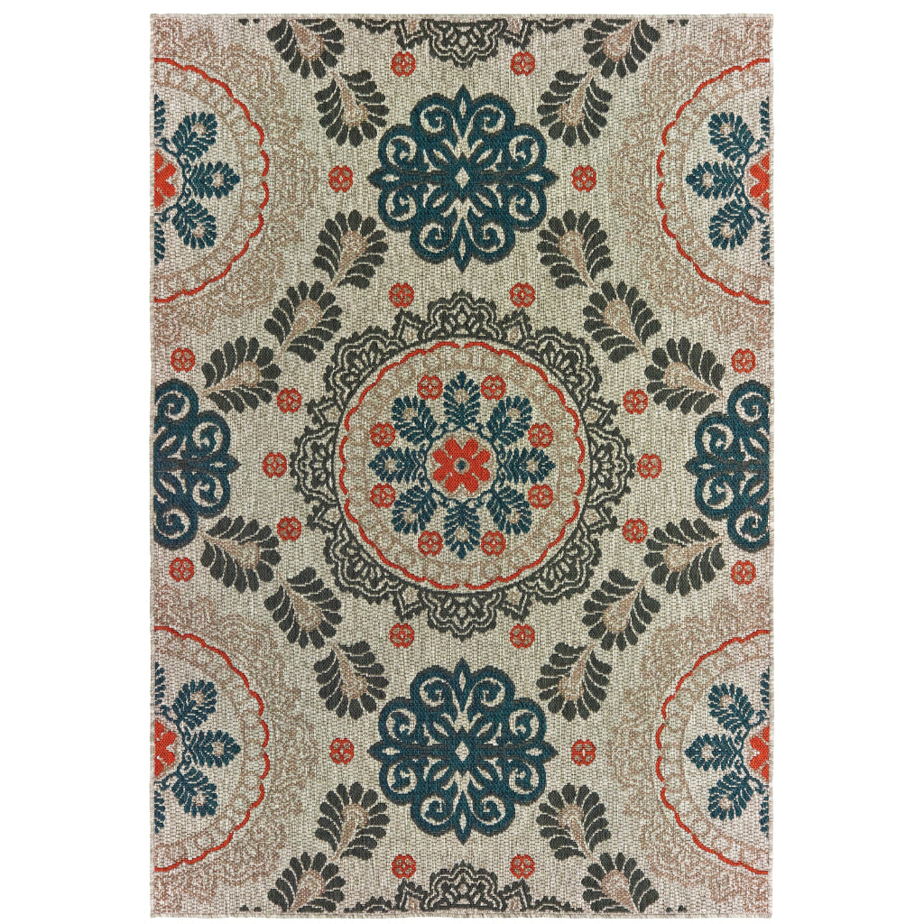 Oriental Weavers Latitude 1903W Grey/Teal Rectangle Indoor / Outdoor Area Rug - Stain Resistant Machine Made Patio Rug with floral Pattern