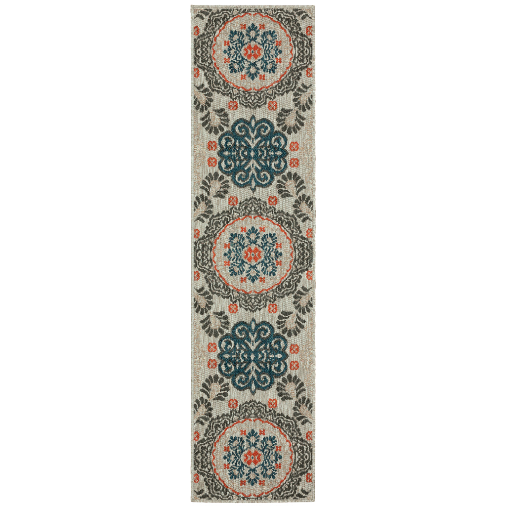 Oriental Weavers Latitude 1903W Grey/Teal Rectangle Indoor / Outdoor Runner - Stain Resistant Machine Made Entryway &amp; Hallway Runner with floral Pattern