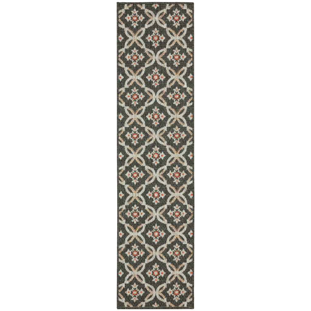 Oriental Weavers Latitude 1904K Grey/Orange Rectangle Indoor / Outdoor Runner - Stain Resistant Machine Made Entryway & Hallway Runner with Geometric Pattern-