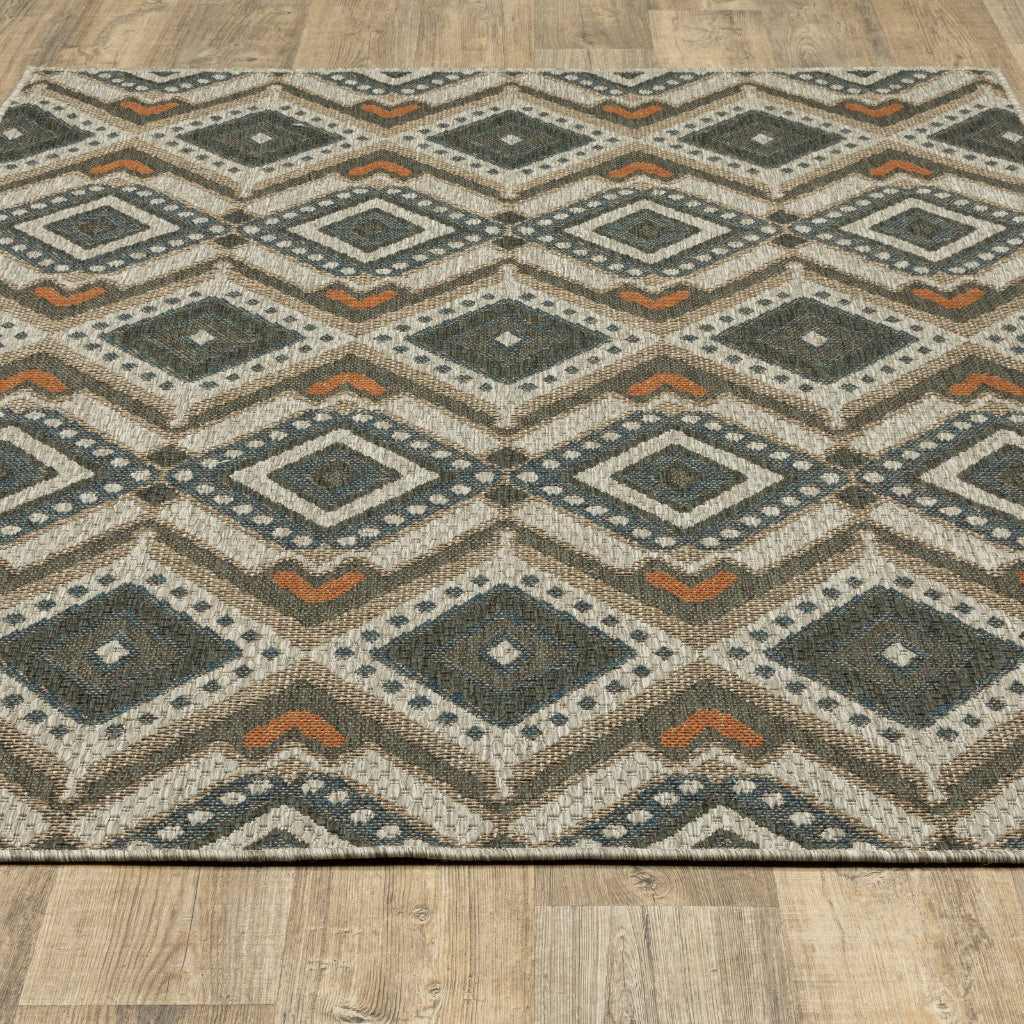 Oriental Weavers Latitude 002X3 Grey/Orange Rectangle Indoor / Outdoor Area Rug - Stain Resistant Machine Made Patio Rug with Geometric Pattern