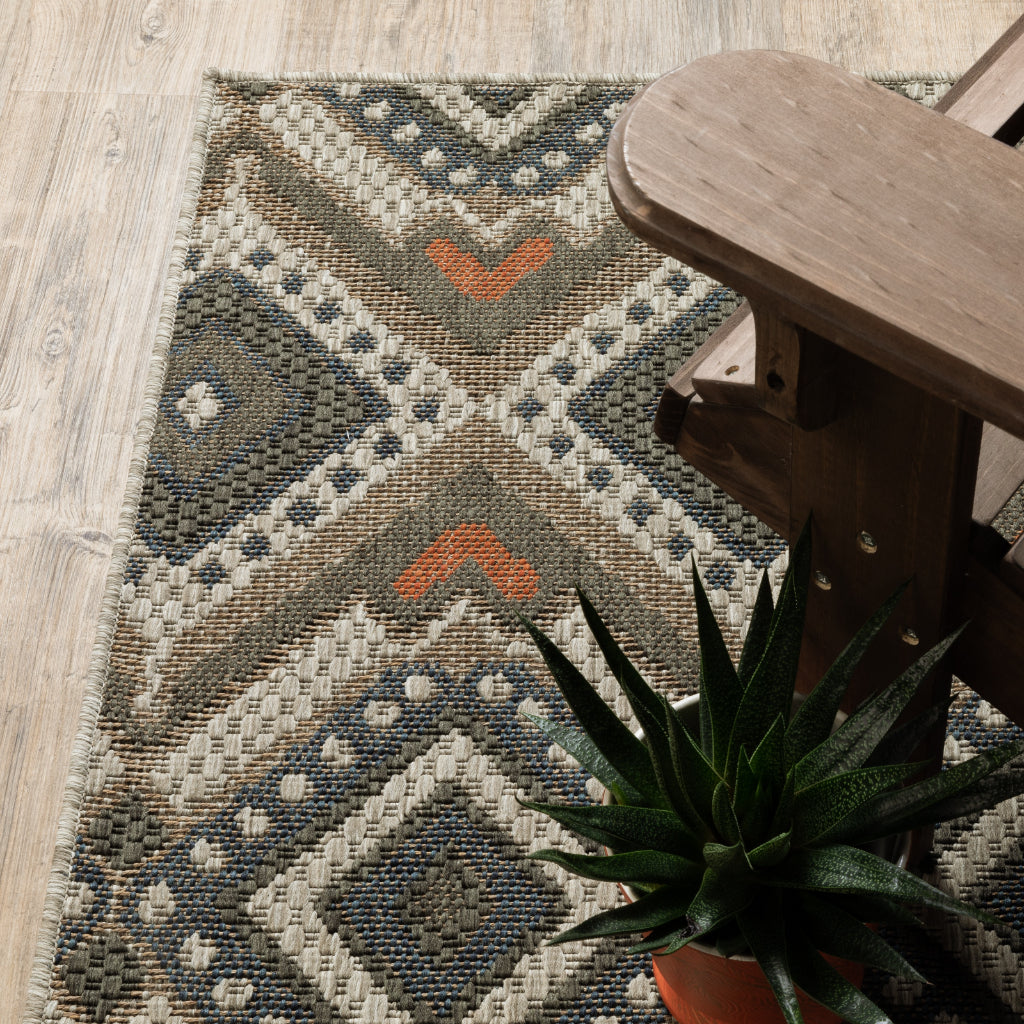 Oriental Weavers Latitude 002X3 Grey/Orange Rectangle Indoor / Outdoor Runner - Stain Resistant Machine Made Entryway &amp; Hallway Runner with Geometric Pattern