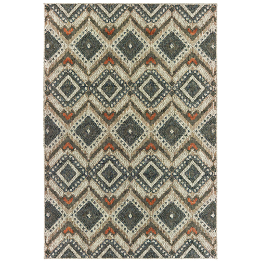 Oriental Weavers Latitude 002X3 Grey/Orange Rectangle Indoor / Outdoor Area Rug - Stain Resistant Machine Made Patio Rug with Geometric Pattern