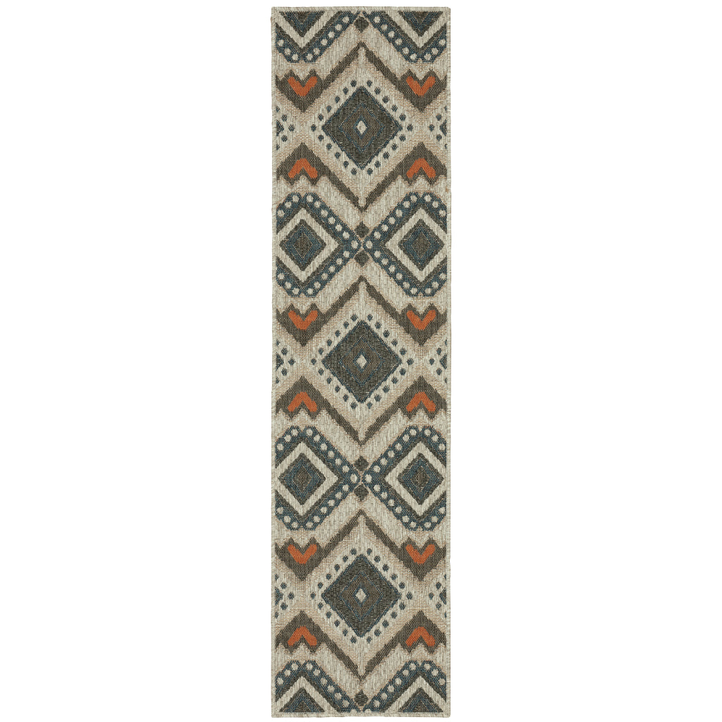 Oriental Weavers Latitude 002X3 Grey/Orange Rectangle Indoor / Outdoor Runner - Stain Resistant Machine Made Entryway &amp; Hallway Runner with Geometric Pattern