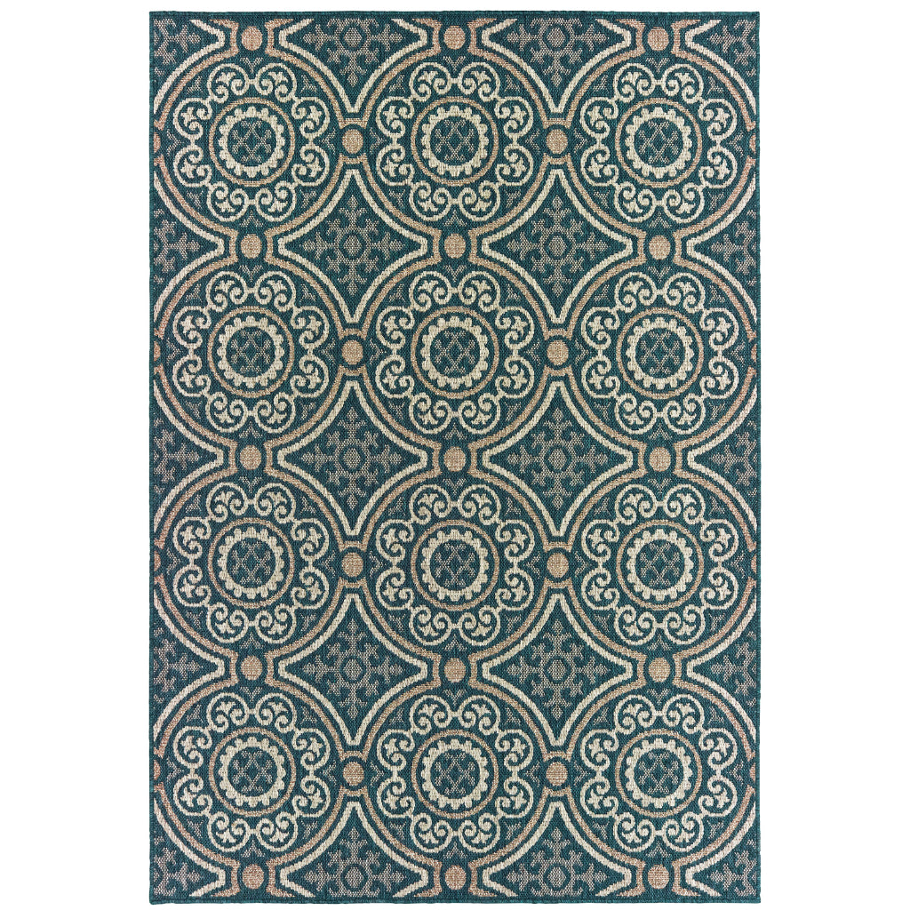 Oriental Weavers Latitude 609B3 Teal/Grey Rectangle Indoor / Outdoor Area Rug - Stain Resistant Machine Made Patio Rug with Geometric Pattern-