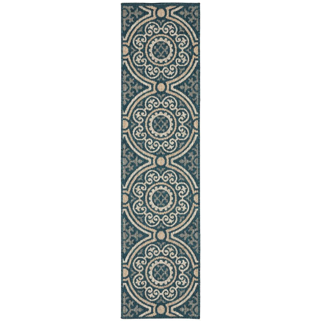 Oriental Weavers Latitude 609B3 Teal/Grey Rectangle Indoor / Outdoor Runner - Stain Resistant Machine Made Entryway &amp; Hallway Runner with Geometric Pattern