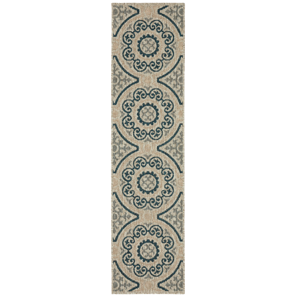 Oriental Weavers Latitude 609X3 Grey/Teal Rectangle Indoor / Outdoor Runner - Stain Resistant Machine Made Entryway & Hallway Runner with Geometric Pattern-
