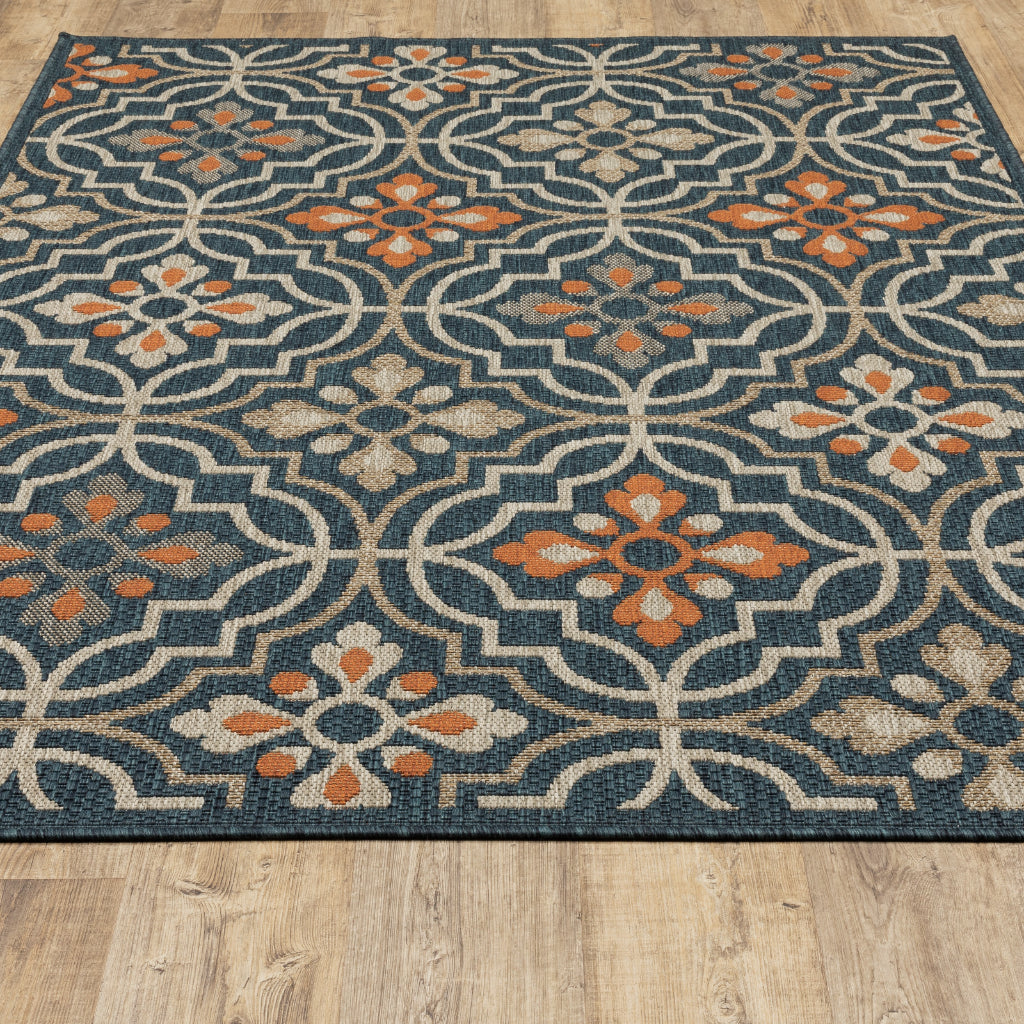 Oriental Weavers Latitude 709B3 Teal/Orange Rectangle Indoor / Outdoor Area Rug - Stain Resistant Machine Made Patio Rug with Floral Pattern