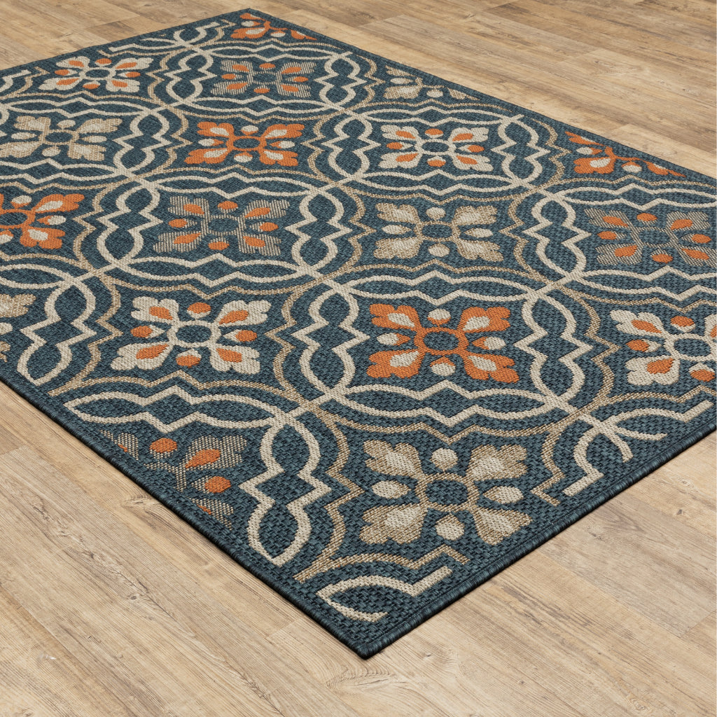 Oriental Weavers Latitude 709B3 Teal/Orange Rectangle Indoor / Outdoor Area Rug - Stain Resistant Machine Made Patio Rug with Floral Pattern