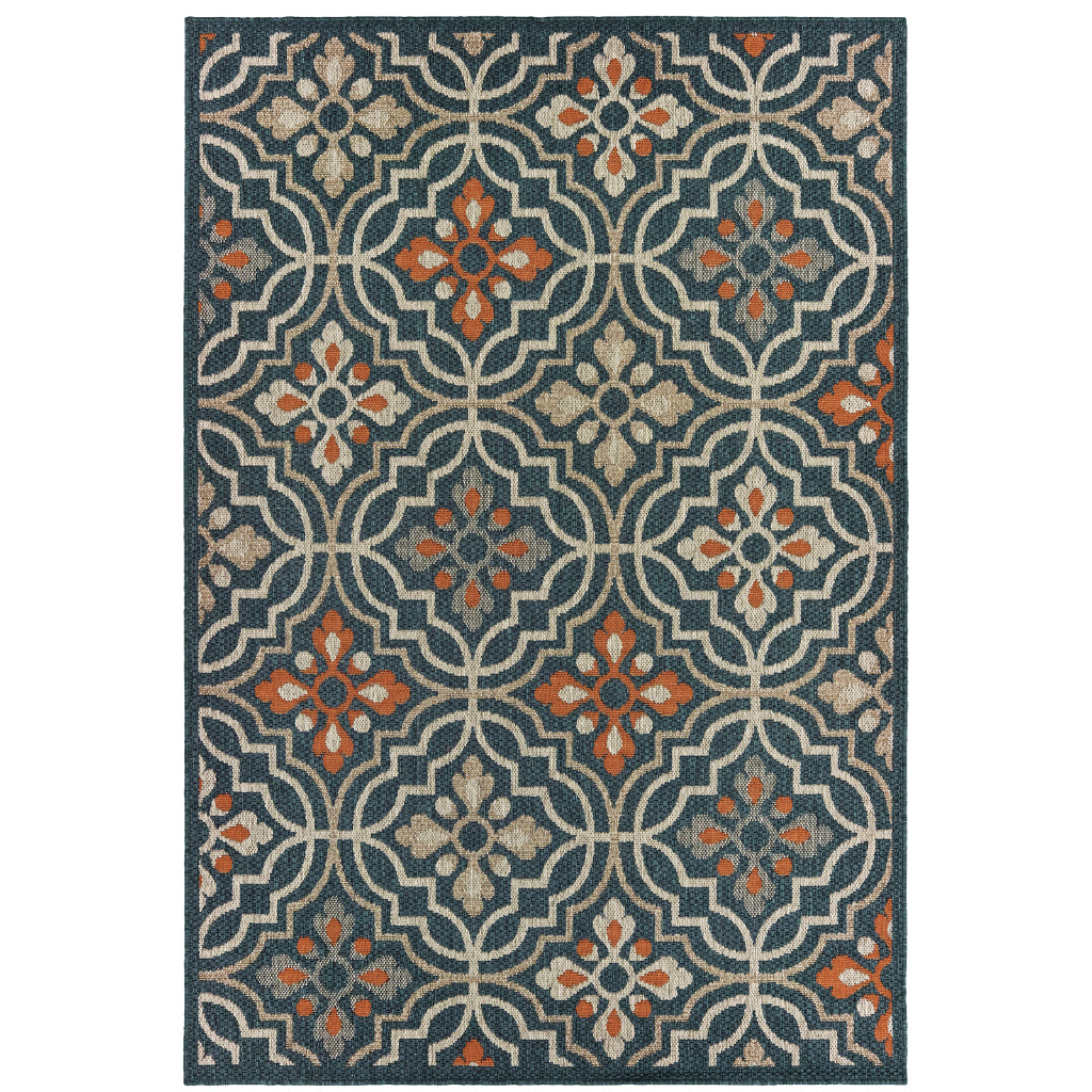 Oriental Weavers Latitude 709B3 Teal/Orange Rectangle Indoor / Outdoor Area Rug - Stain Resistant Machine Made Patio Rug with Floral Pattern