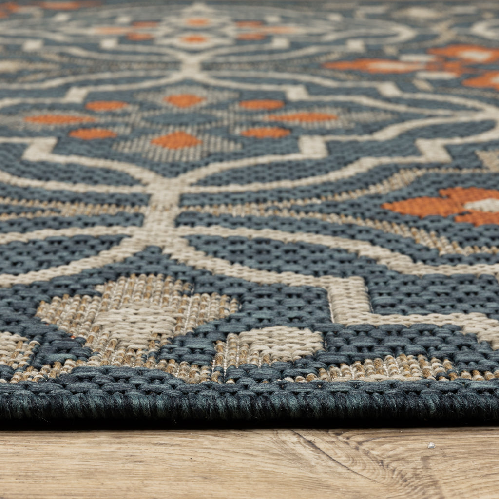 Oriental Weavers Latitude 709B3 Teal/Orange Rectangle Indoor / Outdoor Runner - Stain Resistant Machine Made Entryway &amp; Hallway Runner with Floral Pattern