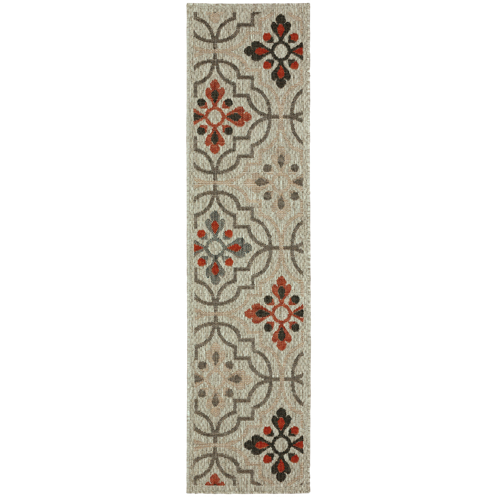 Oriental Weavers Latitude 709Y3 Grey/Orange Rectangle Indoor / Outdoor Runner - Stain Resistant Machine Made Entryway &amp; Hallway Runner with Floral Pattern