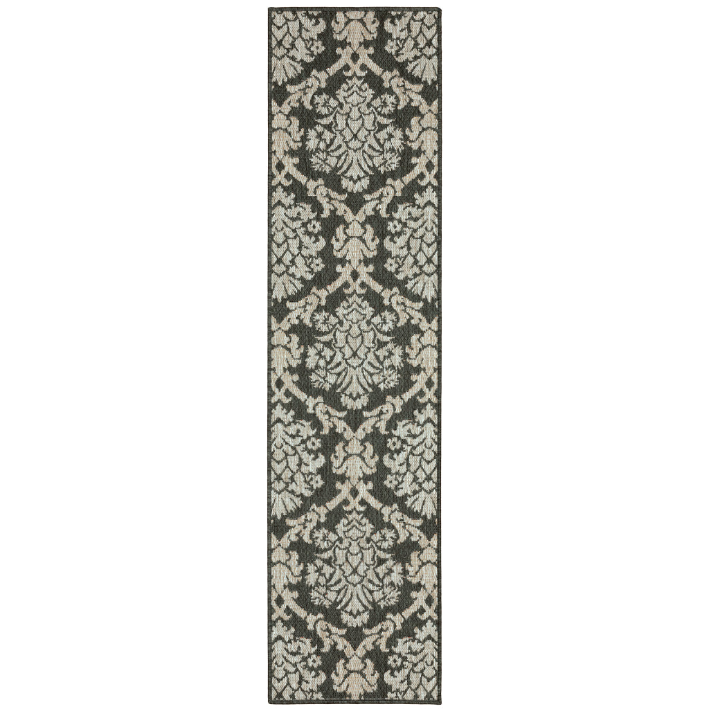 Oriental Weavers Latitude 8020K Grey/Charcoal Rectangle Indoor / Outdoor Runner - Stain Resistant Machine Made Entryway &amp; Hallway Runner with Floral Pattern